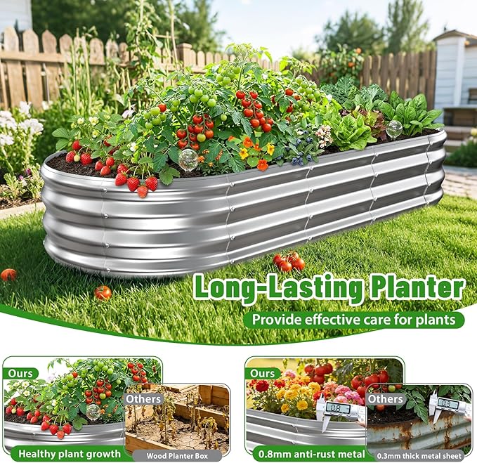 Oval Raised Garden Bed, 5 x 2 x 1FT, Galvanized Steel Planter Box with Wave-Shaped Metal Panels for Outdoor Flower,Tree,Herb & Vegetable Garden (Silver, 60X24X12 inches)