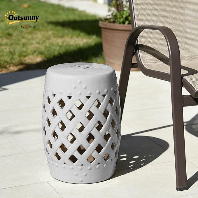 Outsunny 13" x 18" Ceramic Garden Stool with Woven Lattice Design & Glazed Strong Materials Decorative Outdoor Stool, White
