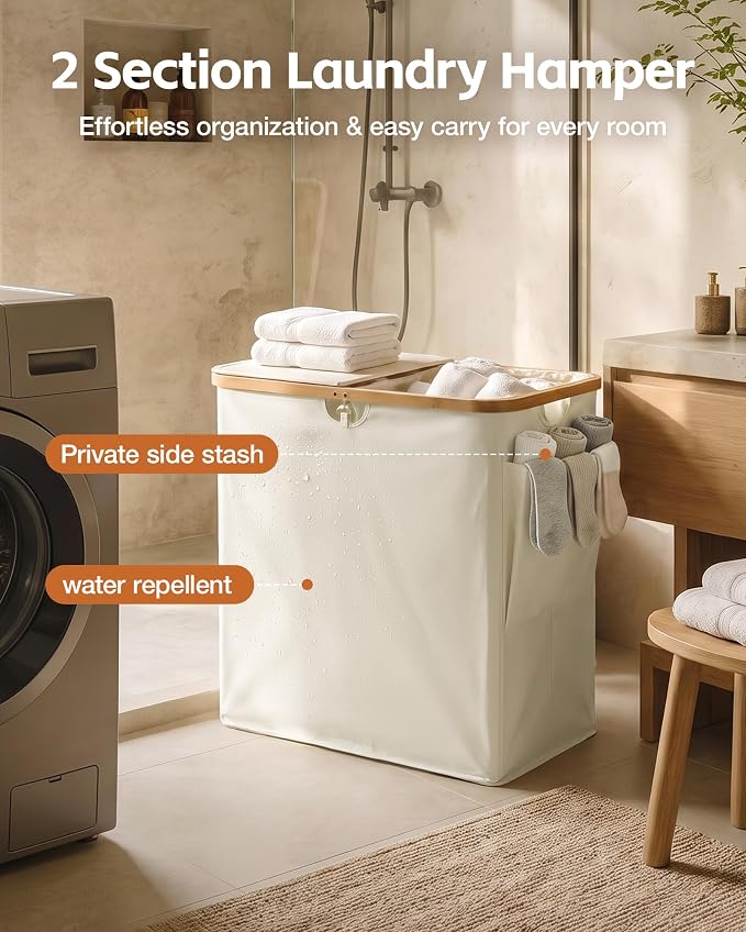MIZATTO 2 Section Laundry Hamper with Lid, 140L Dirty Clothes Hamper | Double Laundry Basket with Bamboo Handles for Laundry Room, Bathroom, Bedroom, Clothes Hamper Dual Laundry Bin