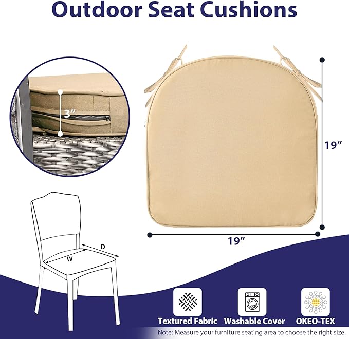 IPYNBAP Outdoor Chair Cushions Set of 4 -Waterproof Outdoor Seat Cushions for Patio Furniture, Patio Chair Cushion with Handle and Ties, Round Out Door Chair Pads,19" x 19" x 3", Beige