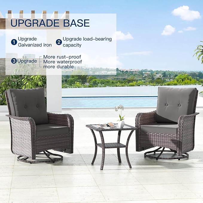 Kullavik 3 Pieces Patio Furniture Set,Outdoor Swivel Rocking Chairs Porch Furniture Patio Rattan Chairs with Table,, Grey
