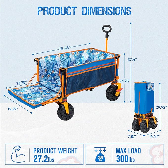 Old Bahama Bay 300lbs Extra Long 49" L Beach Wagon with Big Wheels with Brake for Sand, Collapsible Utility Beach Cart Heavy Duty Folding Wagon,Ideal for Outdoor Sand Camping Garden Pet