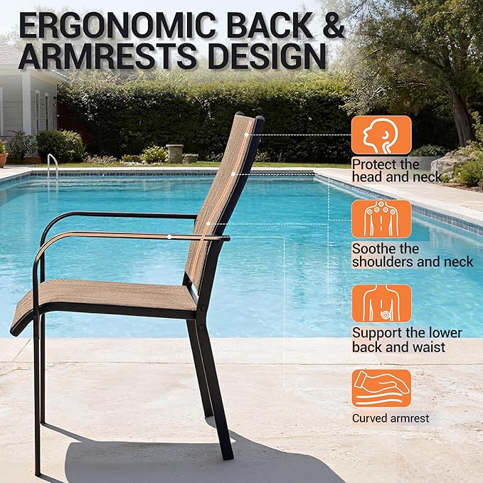 Patio Chairs Set of 4, Outdoor Dining Chairs Set of 4, High Back Wide Seat Patio Furniture Chairs with All Weather Breathable Textilene, for Lawn Garden Backyard,with Armrests,Brown(4 PCS)
