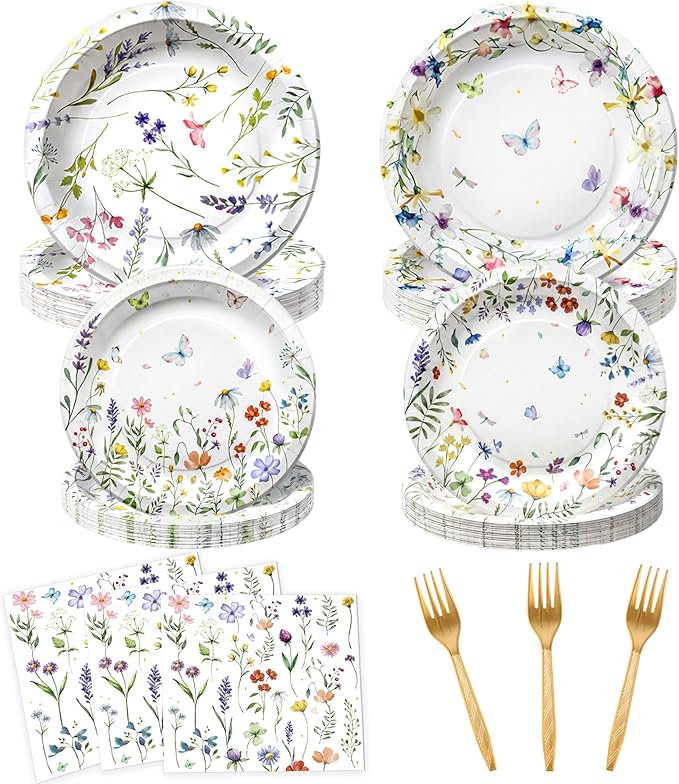 100Pcs Wildflower Plates and Napkins Party Supplies, Floral Paper Plates Wildflower Baby Shower Decorations Flower Party Plates Set for Spring Birthday Bridal Shower Tea Garden Party Decor, Serves 25