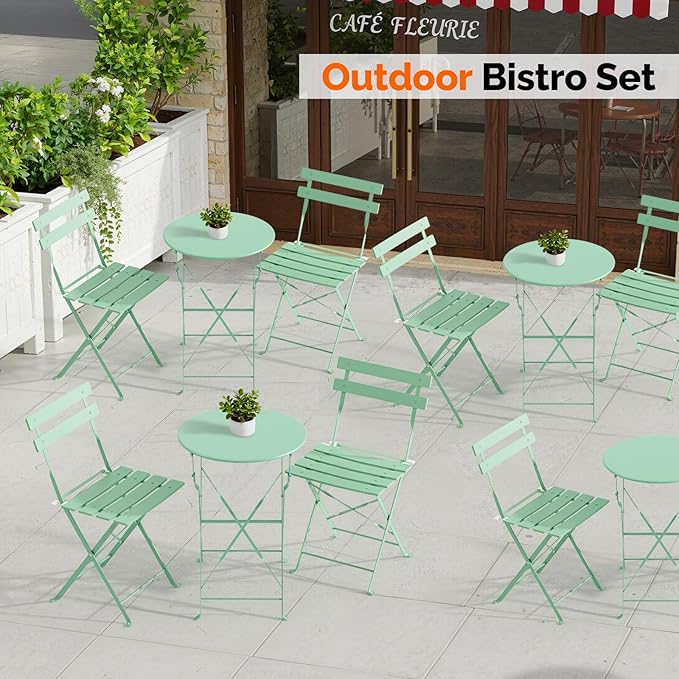 VINGLI Outdoor Folding Bistro Table and Chairs Set of 2, 3-Piece Bistro Set with Premium Steel Frame and Comfortable Cushions for Patio, Balcony, Garden, Porch, Yard, Green