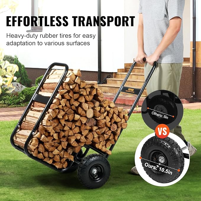 VEVOR Log Cart 250 lbs Load Capacity, Outdoor and Indoor Wood Rack Storage Mover with Pneumatic Rubber Wheels, Heavy Duty Steel Dolly Hauler, Firewood Carrier for Fireplace, Fire Pit, Black