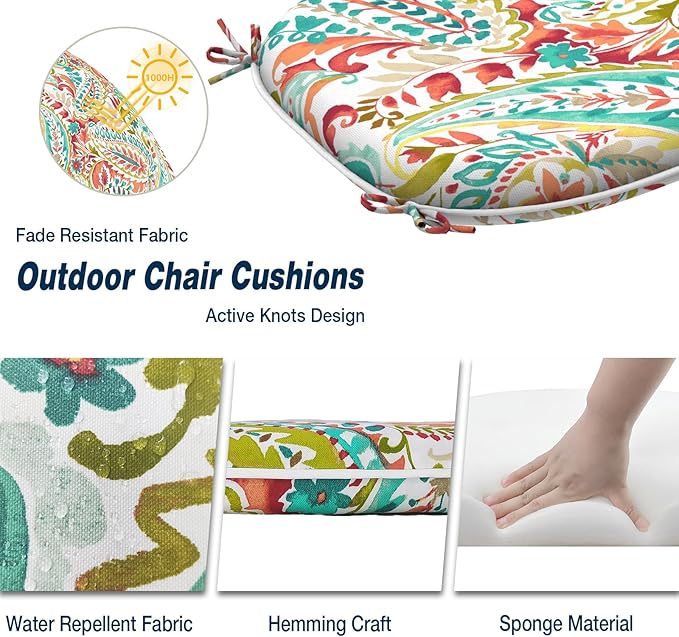 Outdoor Chair Cushions Set of 2, Water Resistant Patio Chair Pads with Ties, Seat Cushions for Home Garden Furniture Decoration, 16"x17", Pretty Paisley