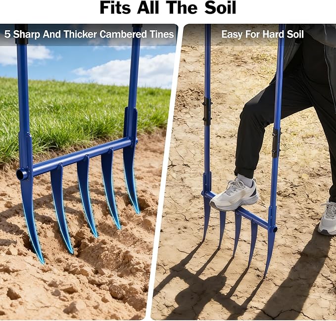 56'' Heavy Duty Broadfork for All the Soils, Unbreakable Design Pitchfork, 5 Sharp and Cambered 11'' Tines Bord Fork Garden Tool, Ergonomic Handles, Good Package, Easy Assembly, Blue.