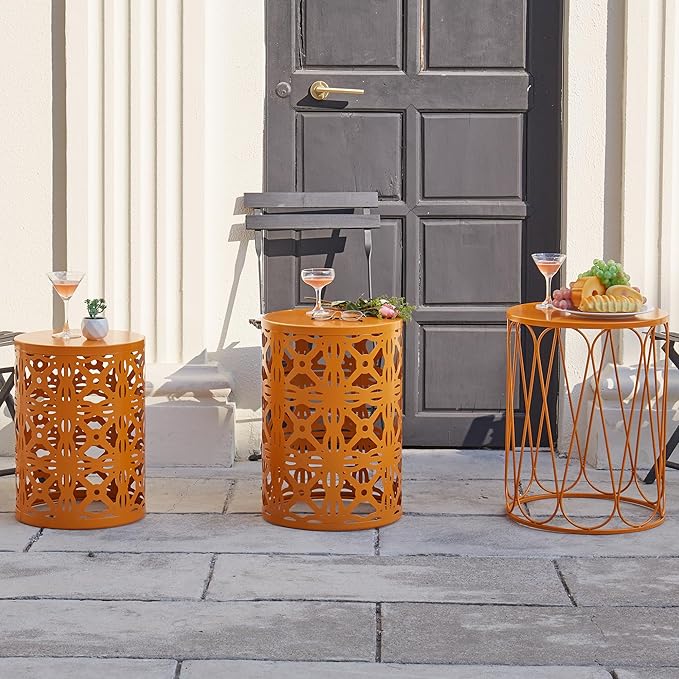 Y&M Patio Side Table,Indoor End Tables for Bedroom, Set of 3 Stacking Coffee Table for Living Room, Outdoor Decorative Garden Stool with Heavy Duty Metal Frame Modern Industrial Decor - Orange