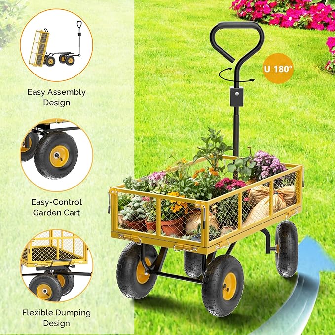 VINGLI Heavy Duty 900 LBS Mesh Steel Garden Cart, Dump Detachable Utility Wheelbarrow, Yard and Garden Wagon Cart with Removable Sides and 10 Inch Wheels(Yellow)