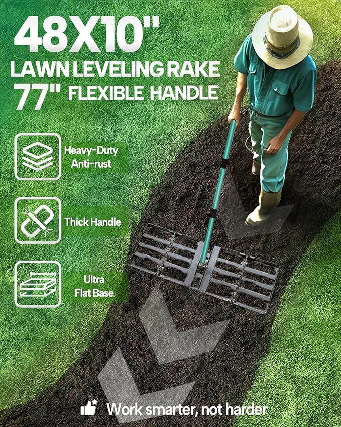 Breeze Touch Lawn Leveling Rake, 48 Inch Yard Lawn Leveling for Soil with 78" Adjustable Steel Handle, Heavy Duty Effort Saving Landscape Lawn Leveler for Yard Garden Soil Sand Dirt Grass