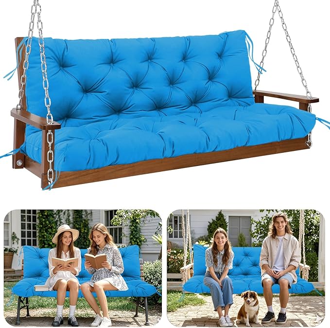 Premium 5" Thick Waterproof Porch Swing Cushions Sturdy Durable 3 Seat Replacement Outdoor Swing Cushions with Backrest&Ties Bench Cushion for Outdoor Furniture Backyard Patio Garden