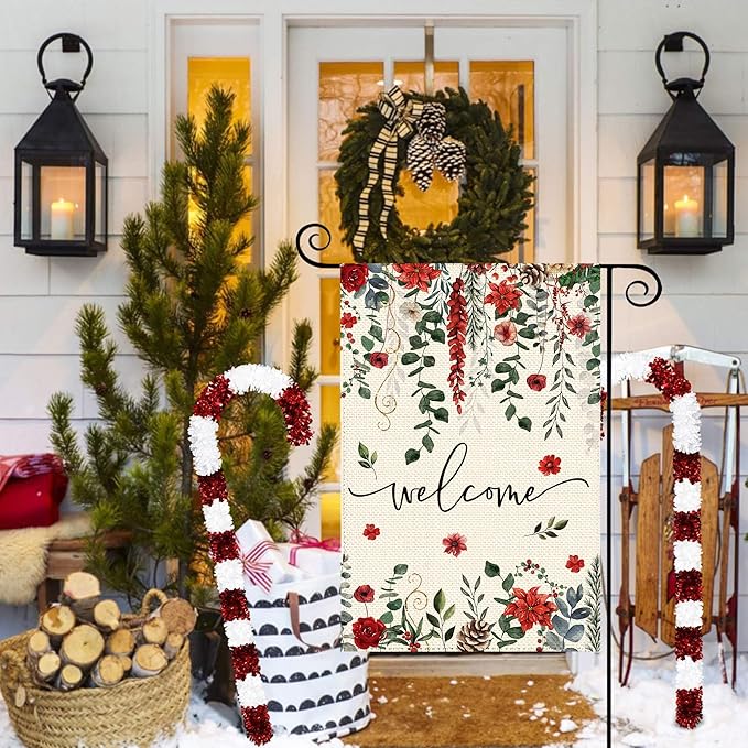 Christmas Red Poinsettia Welcome Garden Flag 12x18 Inch Double Sided, Xmas Berry Burlap Small Yard Flag Winter Floral Farmhouse Flags Seasonal Patio Outdoor Outside Decoration