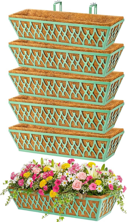6 Pack 24 Inch Window Boxes Planters Railing Planter Box with Adjustable Brackets for Porch Fence Patio Balcony Hanging Flower Baskets with Coco Liners for Outdoor Garden Decor - Green