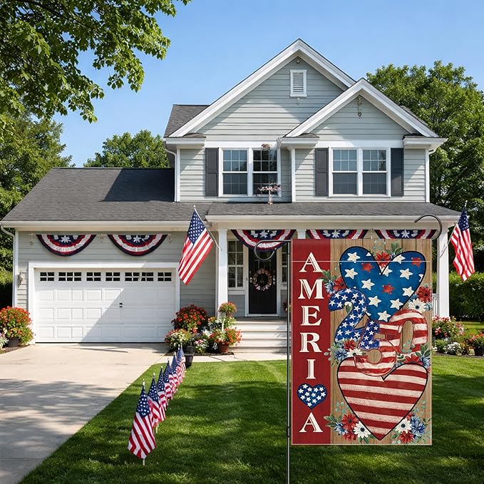4th of July Garden Flag, 250 Anniversary USA Flag Patriotic America Memorial Day Yard Outdoor Decorations Outside American Heart 250 Years Fourth of July Garden Flag Double Sided Waterproof 12x18 Inch