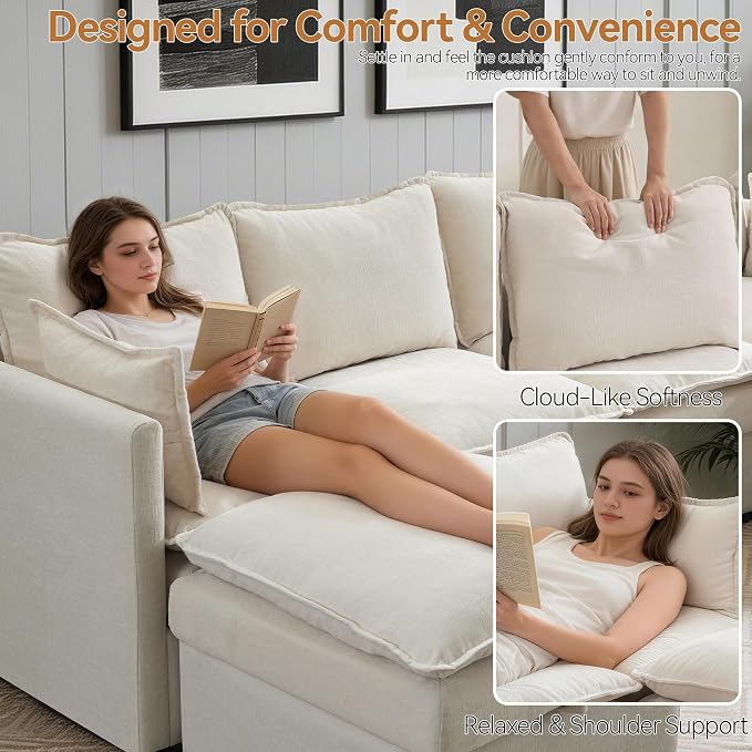 80" Storage Modular Sectional Couch, Cloud Deep Seat 3-Seater Sofa with Chenille Upholstery, Comfy Modern Cloud Couches with Hidden Storage for Living Room, Apartment, Spacious Beige