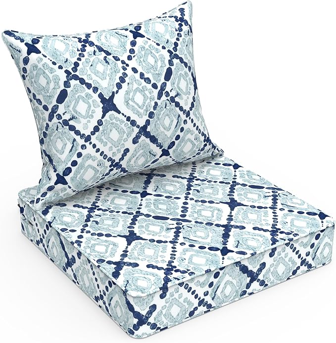 LVTXIII Outdoor Deep Seat Cushion Patio Seat and Back Cushion Set Seasonal Chair Cushion with Removable Cover and Adjustable Buckle for Home and Garden, 22"x22"x4", Boho Geometry Blue