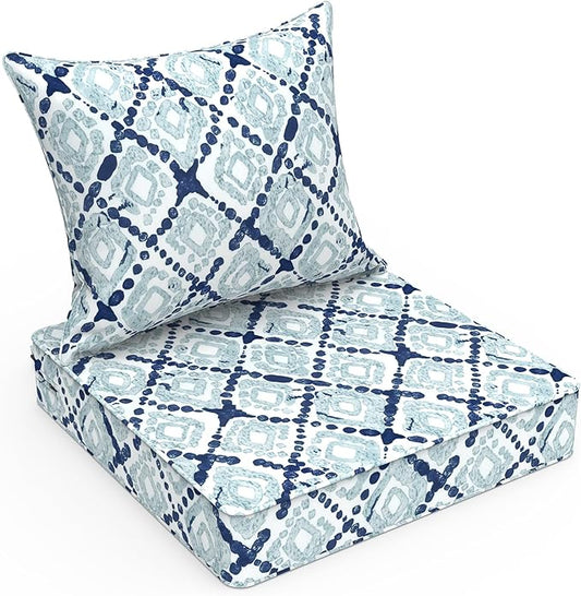 LVTXIII Outdoor Deep Seat Cushion Patio Seat and Back Cushion Set Seasonal Chair Cushion with Removable Cover and Adjustable Buckle for Home and Garden, 22"x22"x4", Boho Geometry Blue