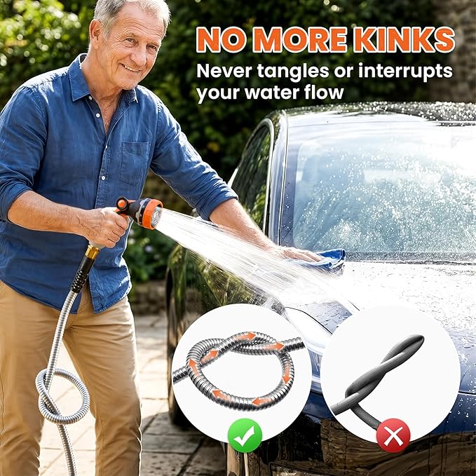 Cesun 25 ft Metal Garden Hose, Stainless Steel Heavy Duty Water Hose With 10 Function Nozzle, No Kink & Flexible, Lightweight and Durable, Rust Proof for Yard, RV, Pet Bath, Outdoor, 25 foot x 5/8"