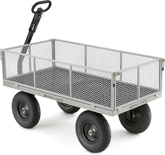 Gorilla Carts Steel Utility Garden Cart, 1,000-Pound Capacity, Gray - Heavy-Duty Outdoor Wagon with Removable Sides, 13-Inch Pneumatic Tires, and Convertible Pull or Tow Handle