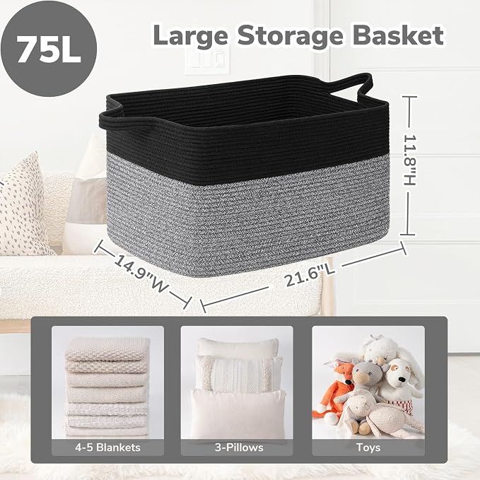 Goodpick Large Woven Rope Blanket Basket, Rectangle, Black & Gray