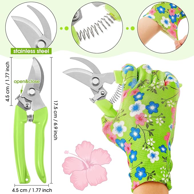 14 Pcs Valentine Rose Stripper Thorn Remover Tool Garden Pruning Shears Scissors Kit Leaf Stripping Tool Floral Gloves and Floral Tape Flower Stripper Kit Gift for Wedding Outdoor Gardening(Green)