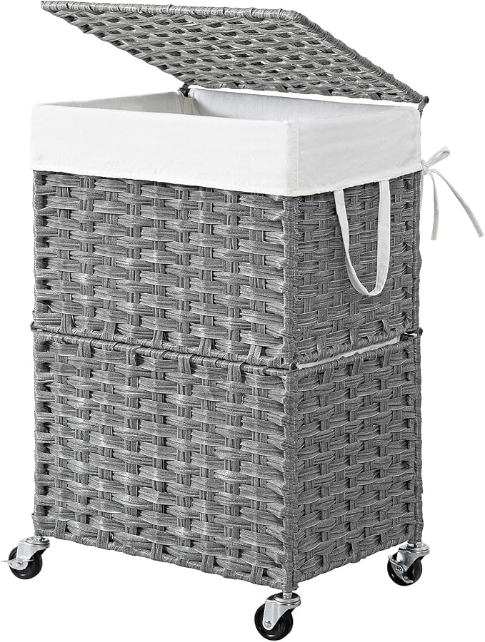 Chrislley Wicker Laundry Basket with Wheels,Rolling Laundry Hamper with Lid | 90L Slim Clothes Hamper with Wheels & Removable Liner Bag, Handwoven Rattan Laundry Organizer for Bedroom, Bathroom, Grey