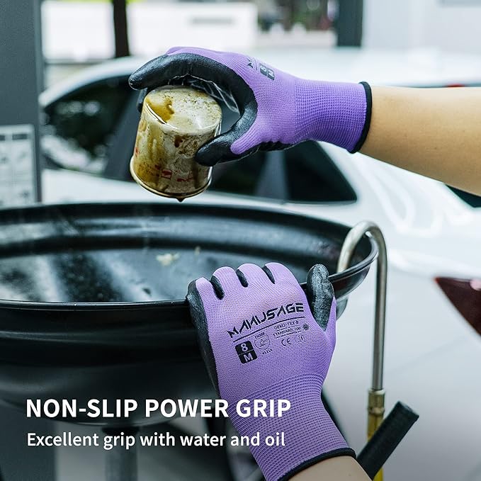 MANUSAGE Safety Work Gloves Nitrile For Men and Women, with Touchscreen Fingers, Men's Work Gloves with Grip, Mechanics Gloves (Size XL, Purple, 12-pairs)