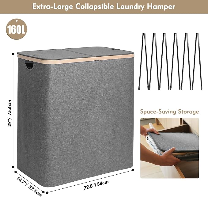 DOKEHOM 160L Double Laundry Basket Hamper with Lid & Removable Bags, Grey | Extra large 2-section collapsible clothes hamper, foldable laundry sorter bin with mesh inserts. Ideal for family use