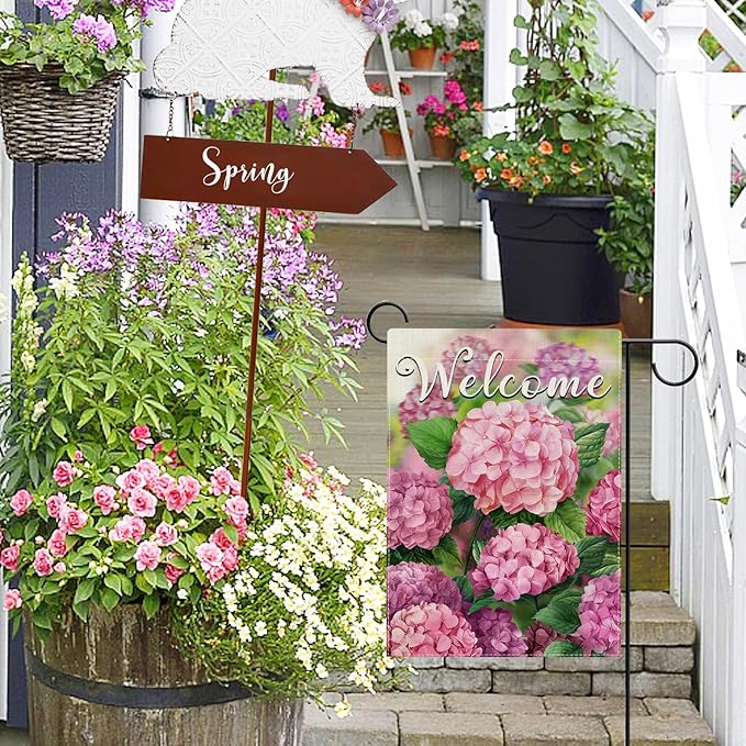 Hzppyz Welcome Spring Summer Hydrangea Garden Flag Double Sided, Pink Floral Flower Decorative Yard Outdoor Home Small Decor, Seasonal Burlap Outside House Decoration 12 x 18