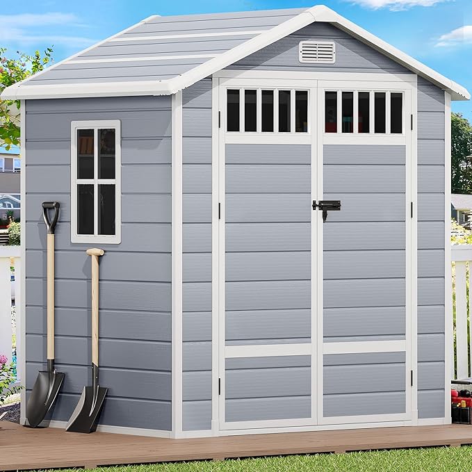DWVO 6x4.4 FT Outdoor Storage Shed with Fence-Style and Side Windows, Lockable Door, and Vents Resin Storage Shed for Garden Backyard Patio Lawn