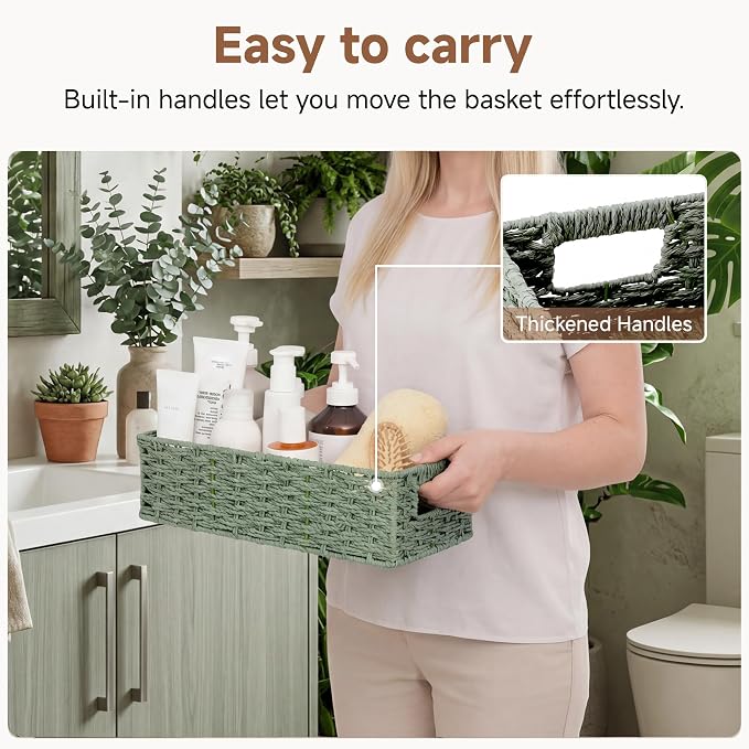 StorageWorks Wicker Toilet Basket Tank Topper for Sage Green Bathroom Decor | Paper Rope Toilet Paper Baskets with Built-in Handles, Small Wicker Bathroom Basket Organizer for tank top, countertop