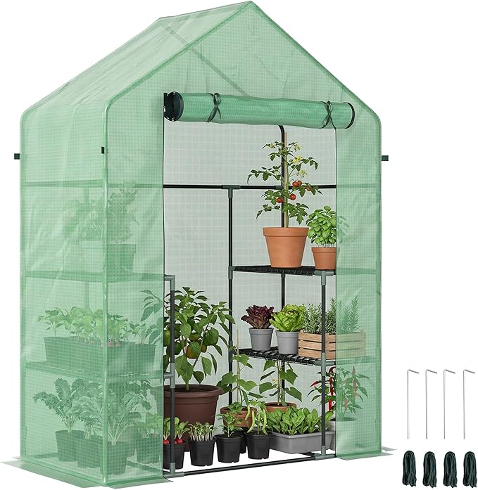 Outsunny 56" x 29" x 76" Portable Walk-In Garden Greenhouse with Built In 3-Tier Shelves