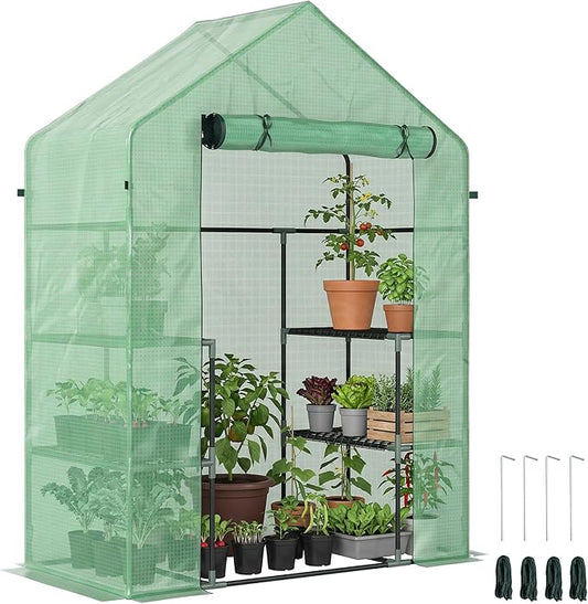 Outsunny 56" x 29" x 76" Portable Walk-In Garden Greenhouse with Built In 3-Tier Shelves