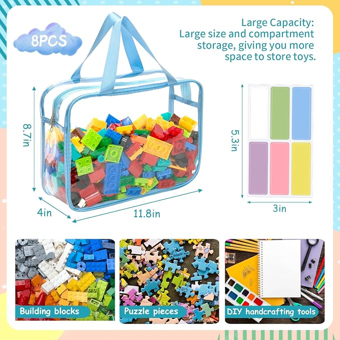 8 Packs 8 Colors Large Toy Storage Bags with Zipper and Labels, Clear PVC Waterproof Toy Organizers Bags for Board Games, Puzzles Pieces, Building Blocks, Handmade Accessories, Kid Books
