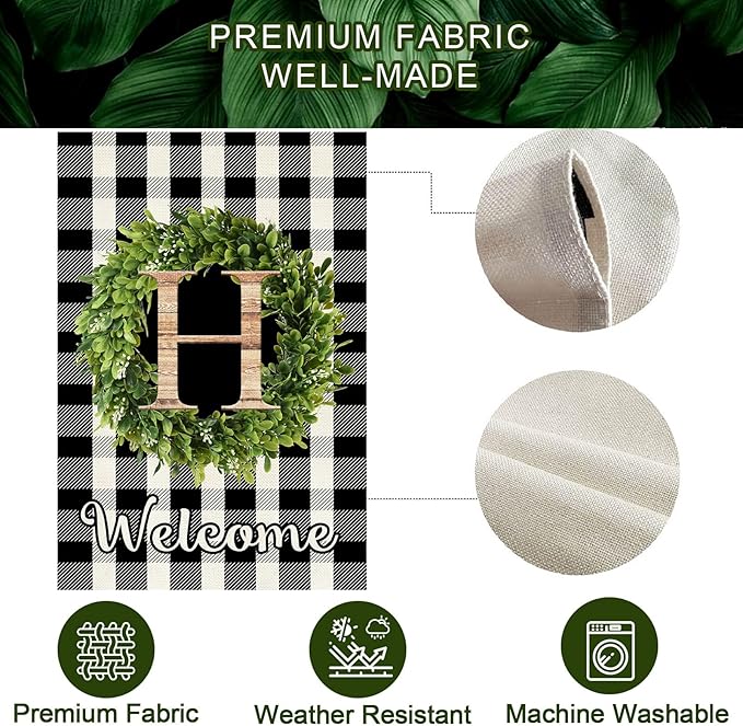 Baccessor Monogram Letter S Garden Flag 28 x 40 Inch, Buffalo Plaid Family Last Name Initial Boxwood Wreath Welcome Vertical Double Sided Large Flags for Outdoor Outside Decoration