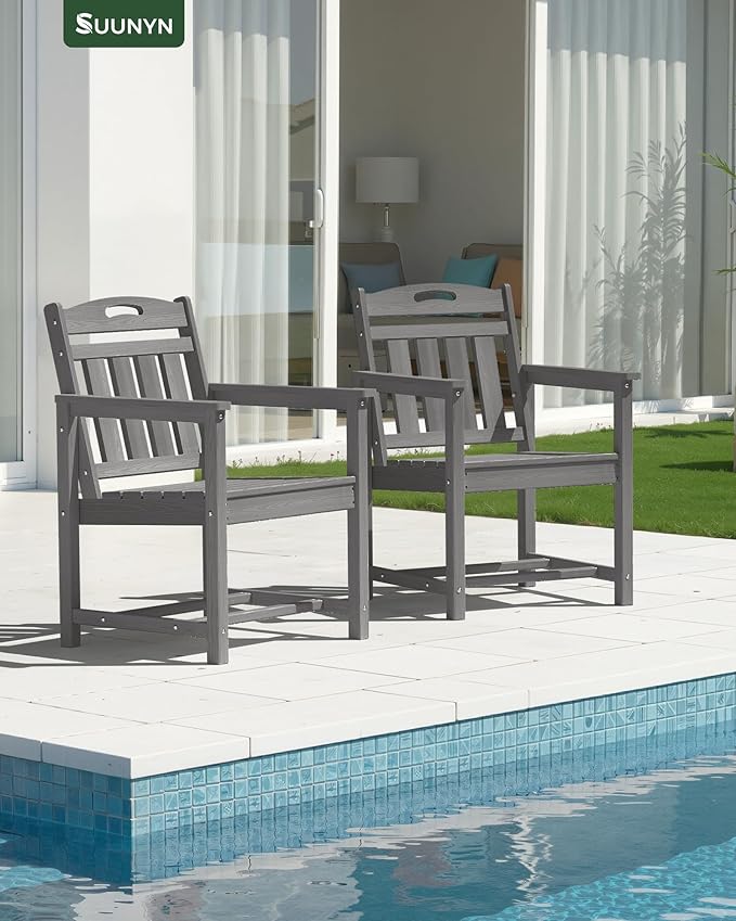 Patio Chairs, HDPE Outdoor Dining Chairs with Wide Seat, All Weather Oversized Porch Chair for Garden, Backyard, Deck - Grey