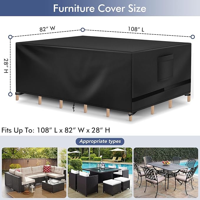 Richwon Patio Furniture Cover, Waterproof Rectangle Outdoor Table Cover, Heavy Duty Sectional Set Protection 108"L x 82"W x 28"H, Black