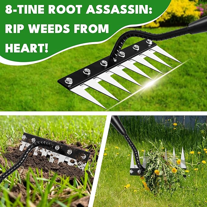 Weed Puller Tool, Iron Weeding Rake with Handle 2.0, Upgraded 8 Teeths Garden Weeding Tool Heavy Duty Gardening Tool for Lawn, Flower Beds & Soil Aeration