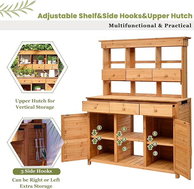RUNNA 65.7'' H Tall Garden Potting Bench Table with Hutch,Patio Storage Workstation with 3 Shelves,6 Drawers,2 Bottom Cabinets&Side Hooks for Mudroom,Doorway (Natural@024, 65.7)