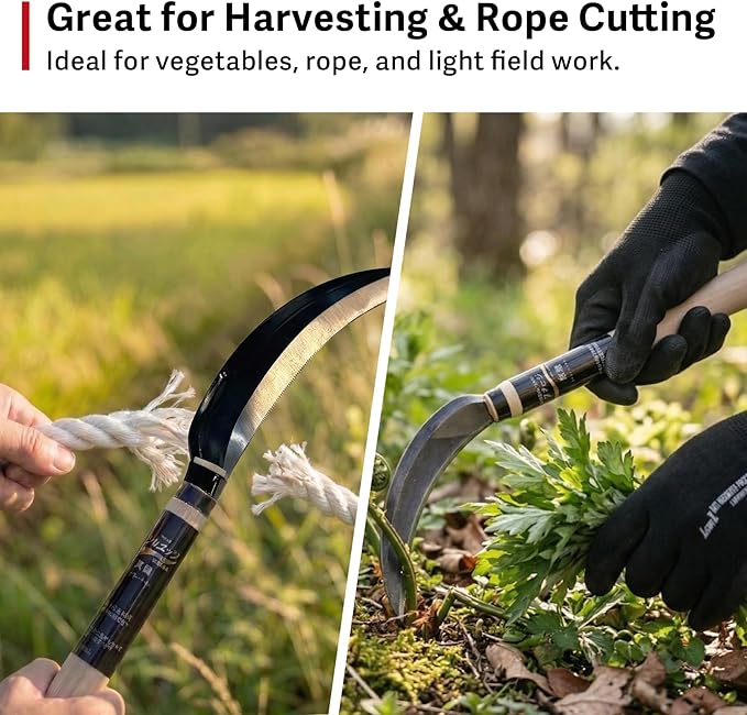 Japanese Harvest Sickle, Saw Sickle Hand Tool for Vegetable Harvesting, Rope Cutting and Field Work, Made in Japan by HONEN