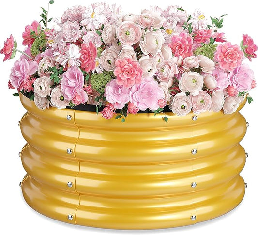 2 x 2 x 1 ft Round Raised Garden Bed, Yellow 1 Pack 0.6 mm Thick Galvanized Steel Planter Box with Double Layer Paint and Safety Edge Trim for Vegetables Flowers Herbs Outdoor Garden