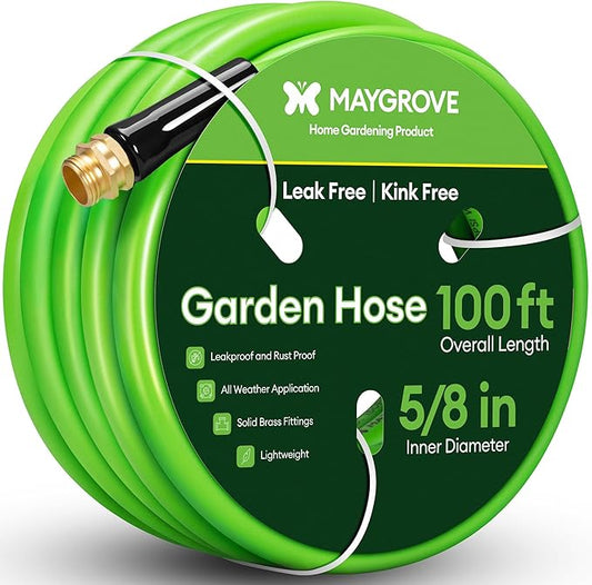 Maygrove 100 ft Garden Hose, 5/8 in ID, Heavy-Duty, Leakproof, Kink-Resistant Water Hose with Swivel Brass Fittings, 600 PSI Burst Rating, Ideal for Car Wash & Lawn Watering