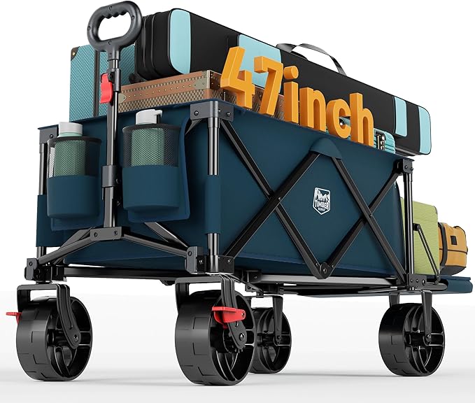 Timber Ridge 47" L Collapsible Wagon with Tailgate & Brake, 300 lbs Heavy Duty Beach Wagon with All-Terrain Big Wheels, 250L Foldable Utility Cart for Sand Camping Sports Shopping, Blue