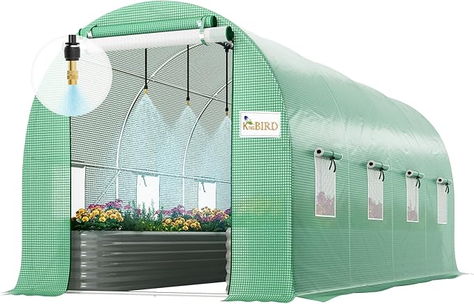 KING BIRD Premium 15x7x7 FT Greenhouse for Outdoors, Large Walk-in Heavy Duty Galvanized Steel Frame, Mesh Door Screen Window Tunnel Hoop Garden Plant Winter Hot House with Irrigation Kit, Green