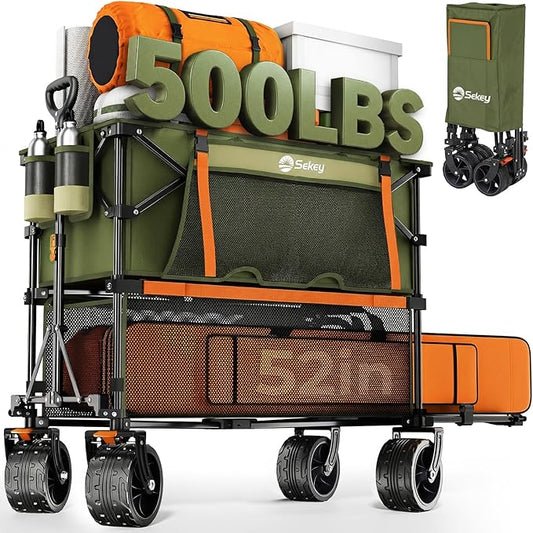 Sekey 500LBS Heavy Duty Double Decker Wagon with Extender, 400L Large Capacity Collapsible Garden Cart Fits 10x10 Canopy, All-Terrain Big Wheels with Brakes, Foldable Utility Wagon for Sports, Camping