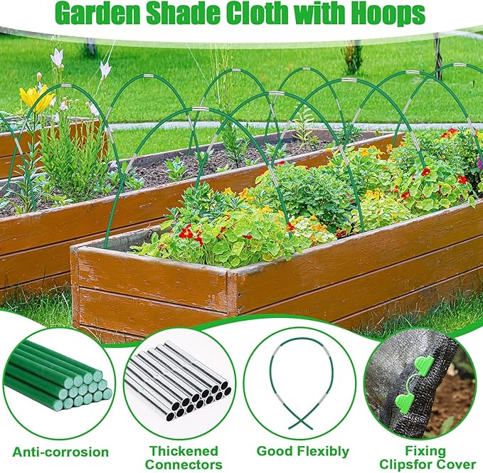 10 X 6.5FT 75% Garden Shade Cloth with Hoops, Plant Shade Cloth Garden Greenhouse Grow Tunnel for Heat Protection, Raised Bed Row Cover Black Netting Tarp for Outdoor Outside Patio Chicken Coops