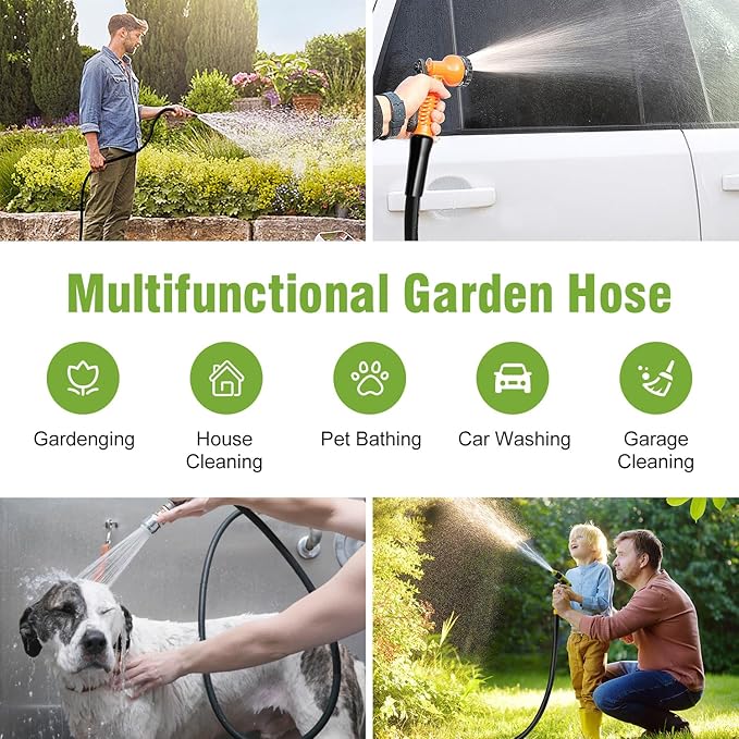Beitopamz 200 ft Garden Hose, 5/8 in Heavy Duty Water Hose, Flexible and Durable, Lightweight Rubber Hybrid Hose, Leak-Free Connections, Male to Female 3/4'' Brass Fittings for Patio, Lawn, Black