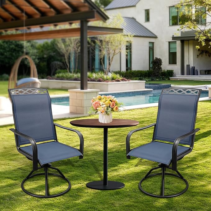SHGJ&SOFT Patio Swivel Chairs, Waterproof Outdoor Dining Chairs with All-Weather Textilene Mesh for Deck, Garden, and Backyard (Patterned Backrest-Blue, Set of 2)