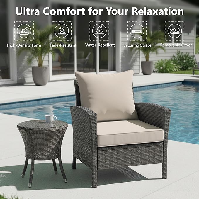 22x22 Inch Patio Chair Cushion with Removable Cover, Outdoor Furniture Cushion - Water-Repellent, Fade-Resistant, Non-Slip Bottom & Straps, Replacement for Lawn, Porch & Deck Chair - Cream